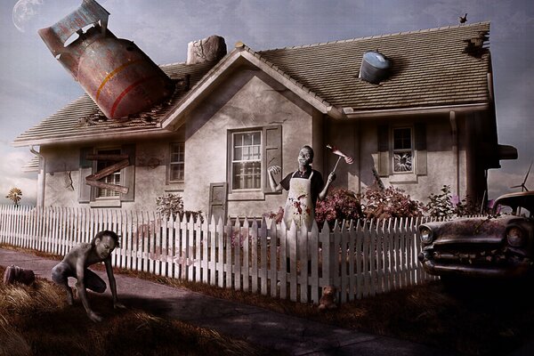 Zombie apocalypse. The house with the collapsed bomb