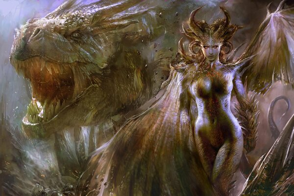 Дракон и девушка демон графика
