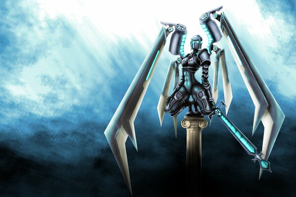 Cyborg métallique avec des ailes et une épée à la main