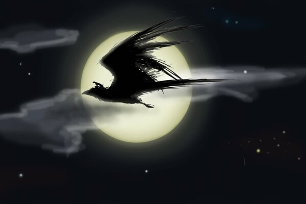 A rider flies on a bird on the background of the moon.