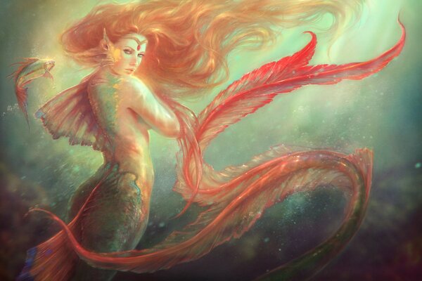 Mermaid girl with fiery red hair