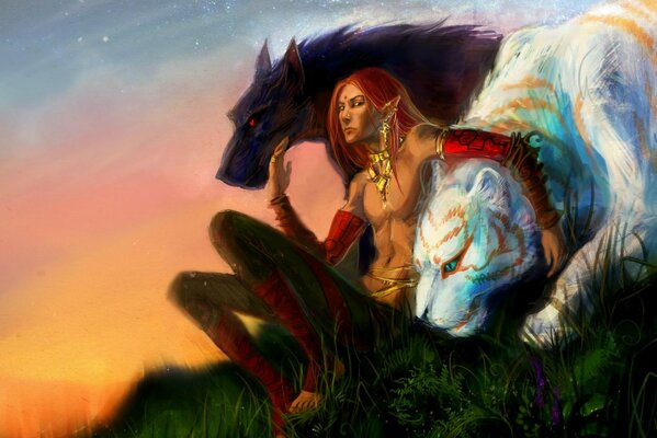 Art of Elf guy accompagnato da bestie a forma di tigre bianca e lupo nero con gli occhi rossi