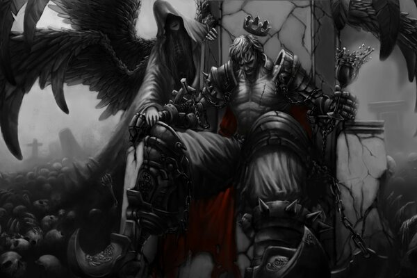 Cupo re triste sul trono sullo sfondo dell angelo della morte con le ali nere