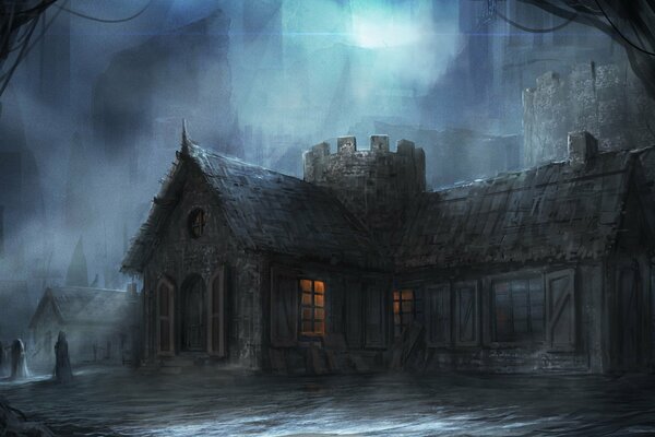 A gloomy house in a white fog