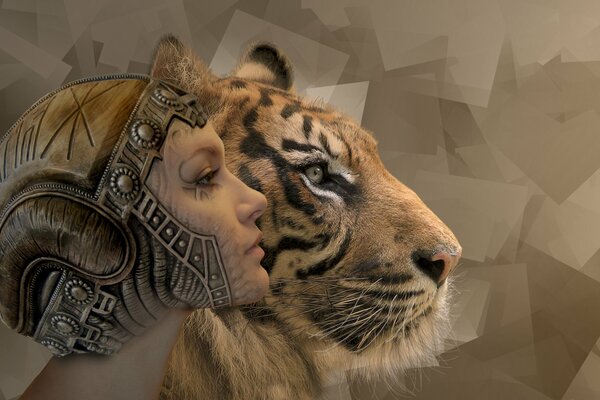 Fille au casque, fille au casque avec un tigre, fille au casque avec un prédateur, fille au casque avec un beau tigre