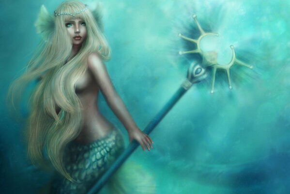 Blonde mermaid with Poseidon s sea rod