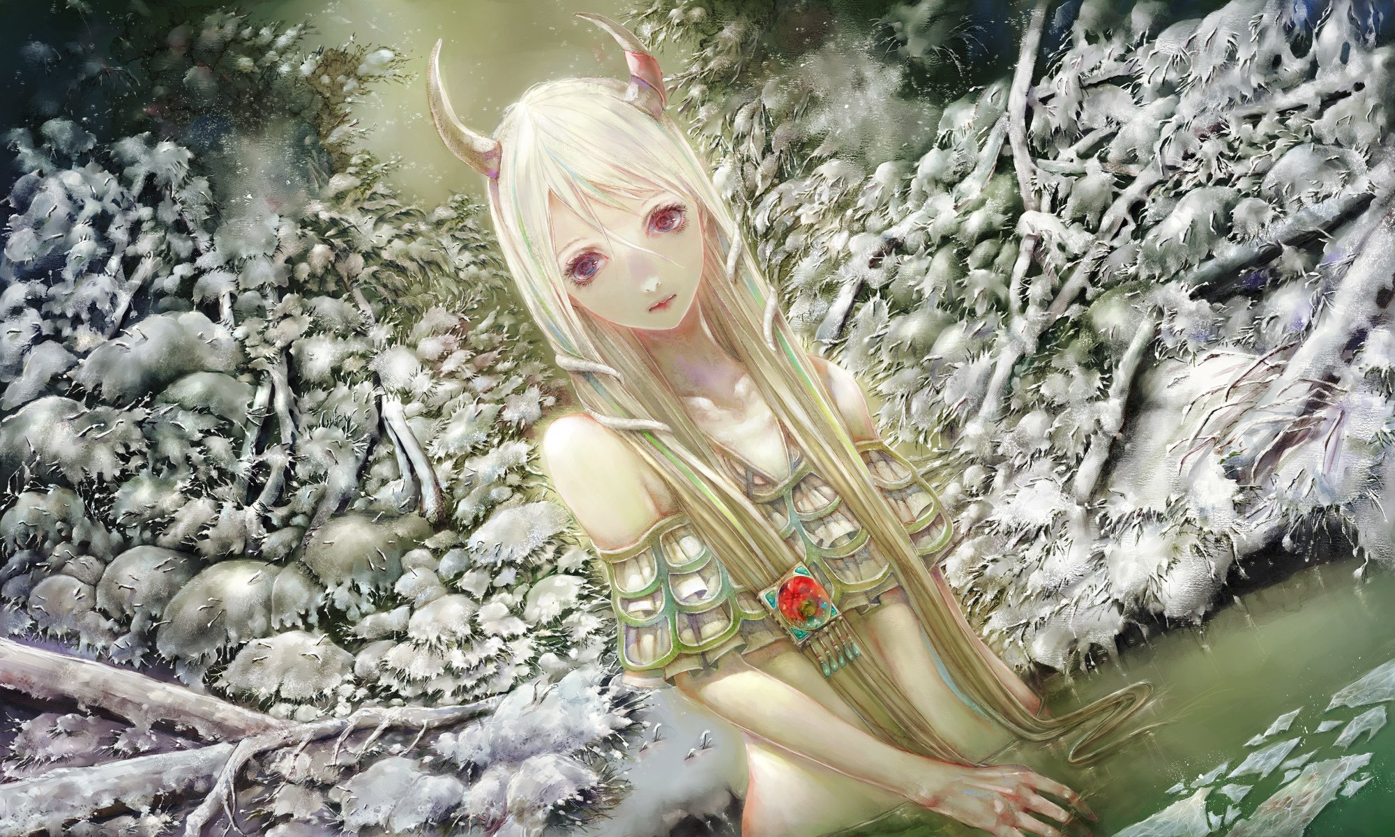 arte yogisya touhou kamishirasawa keine chica cuernos bosque lago nieve invierno