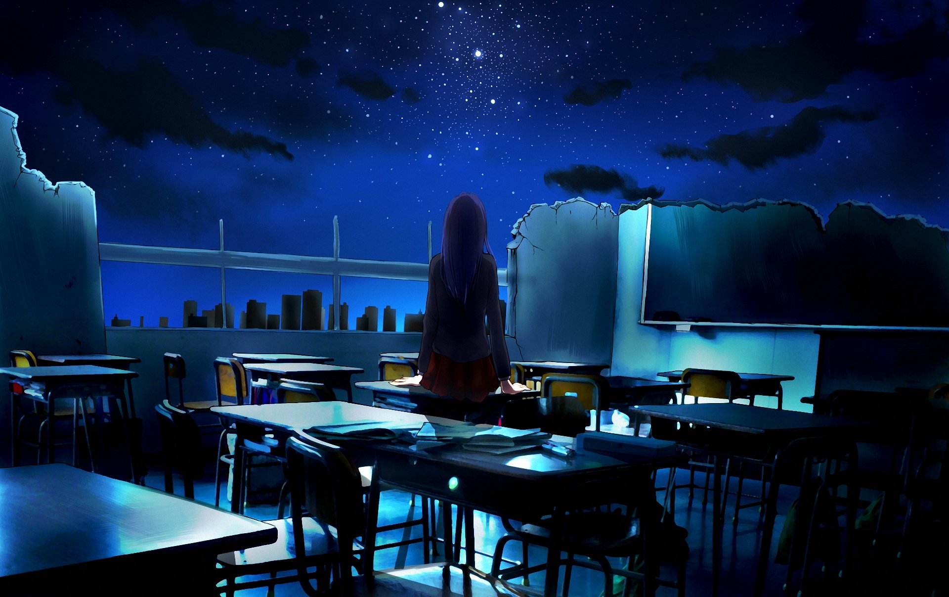 arte ayura chica espalda ruinas aula escritorios escuela destrucción estrellas noche cielo