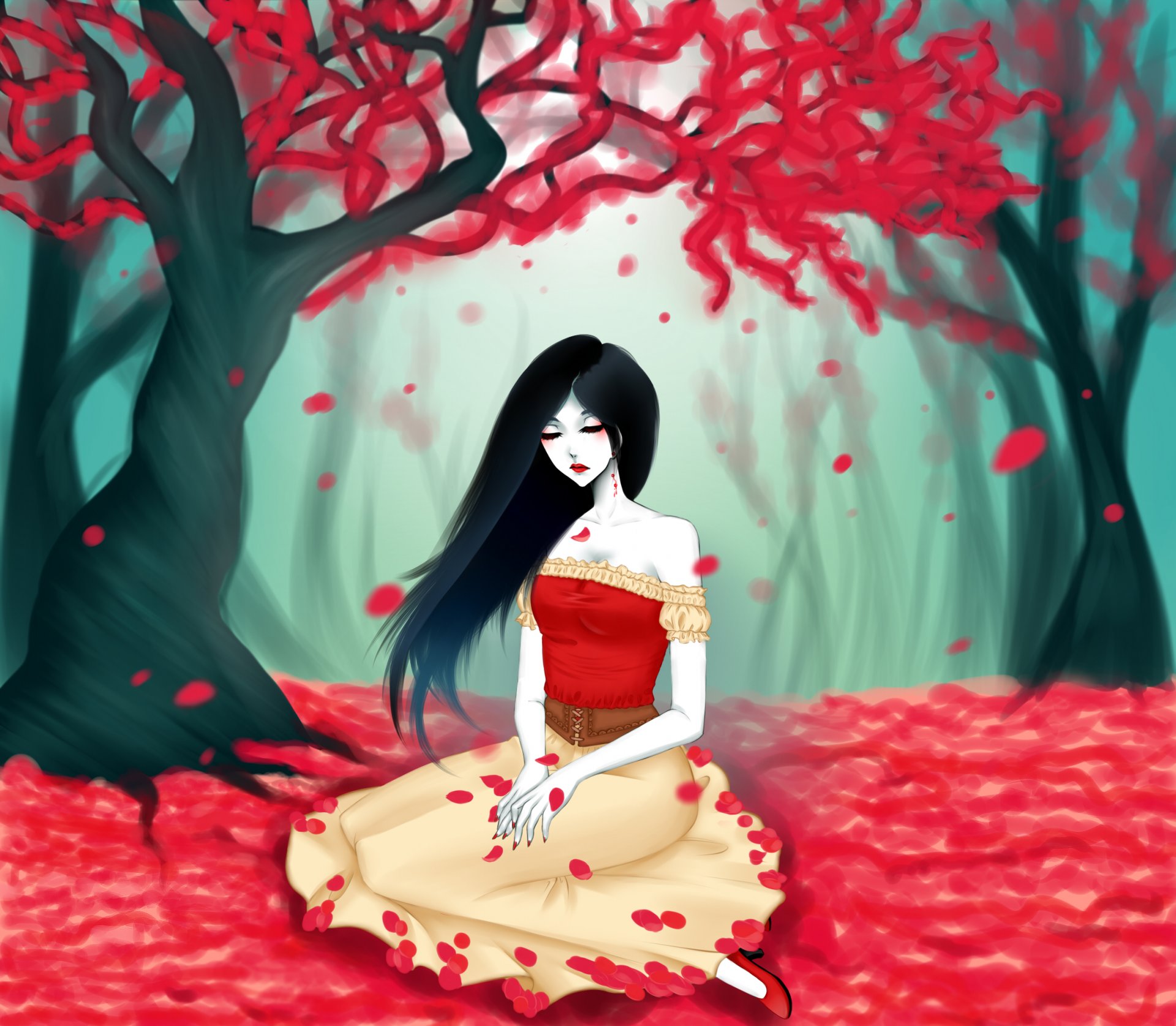 arte eirintomo volte avventura marceline ragazza foglie rosso albero