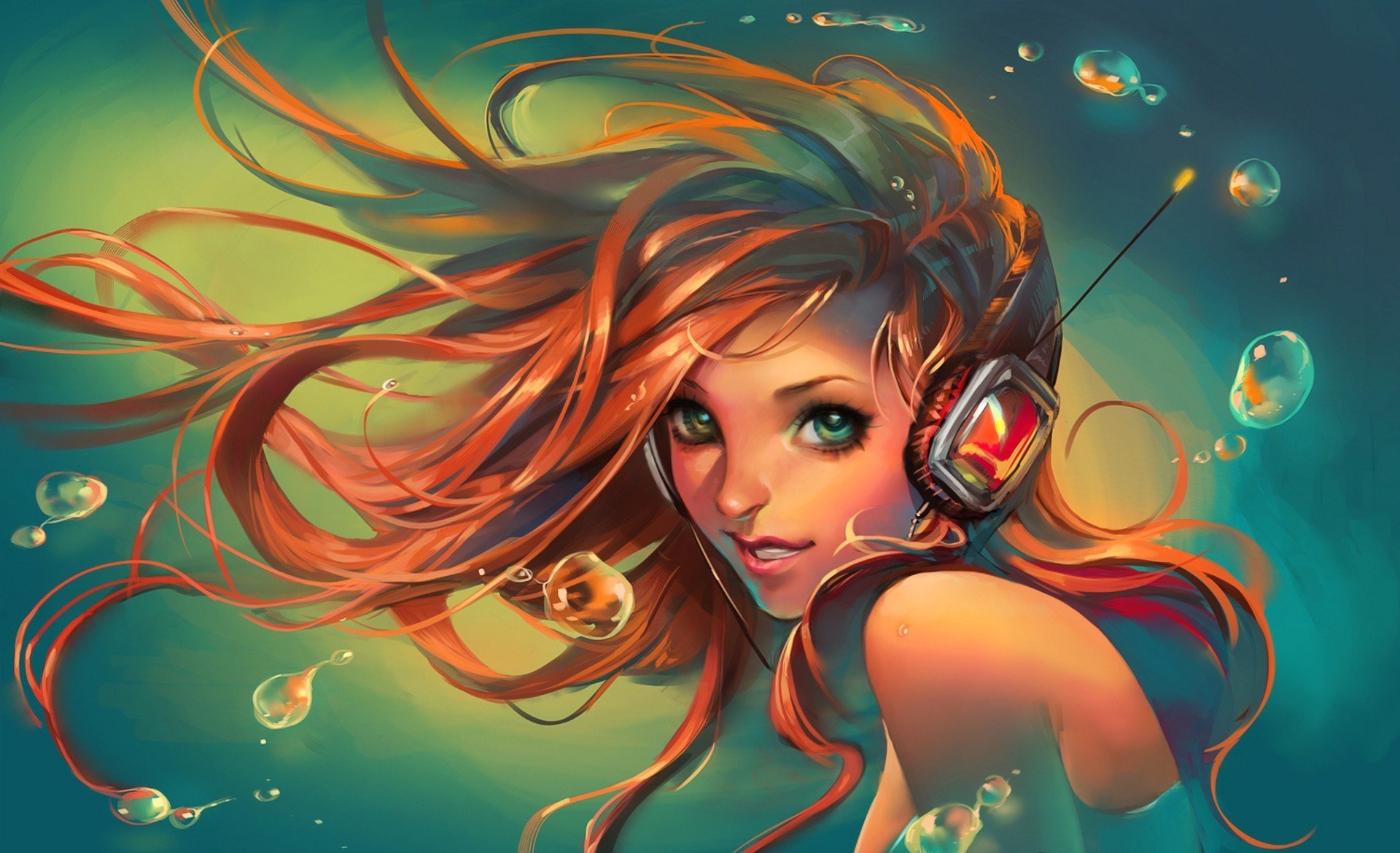 art sakimichan girl view smile headphones water