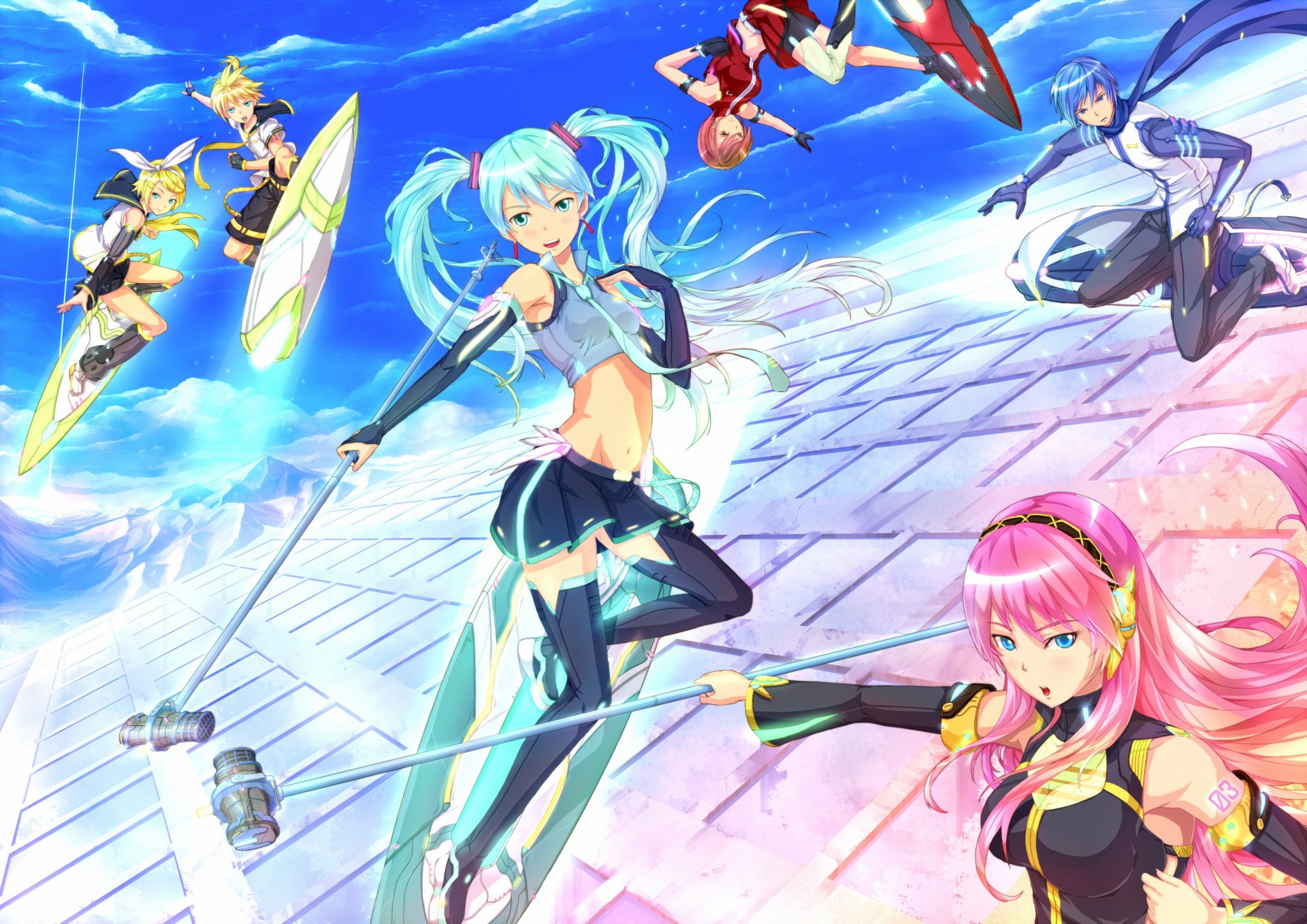 arte kazeno-ark vocaloid hatsune miku megurine luka kagamine rin kagamine len kaito meiko chicos chicas micrófono surf