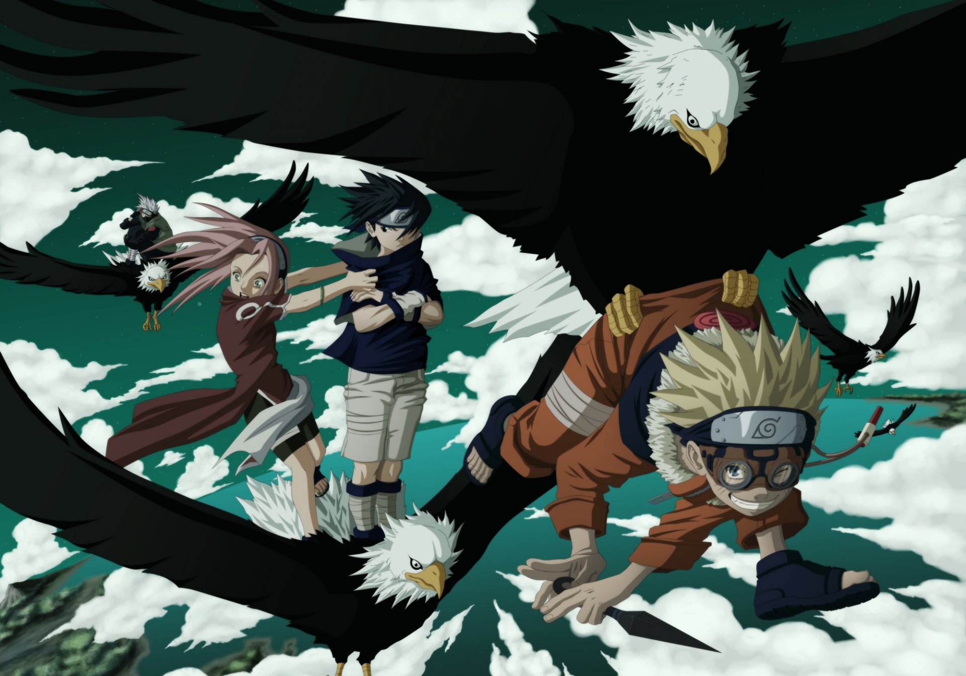 arte marxedp anime naruto uzumaki naruto sasuke haruno sakura hatake kakashi chica chicos vuelo águila gafas alegría kunai cielo nubes