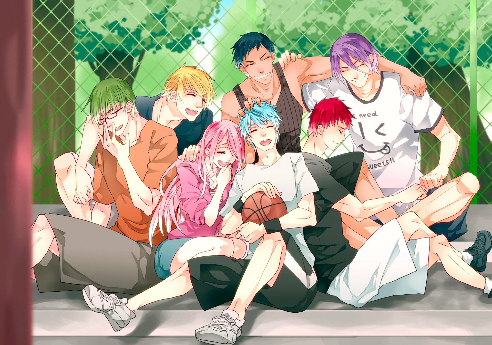 kuroko nie kosz koszykówka kuroko momoi satsuki akashi seijuurou aomine daiki kise ryouta kuroko tetsuya midorima shintarou murasakibara atsushi piłka chłopcy anime dziewczyna nastrój radość uśmiech