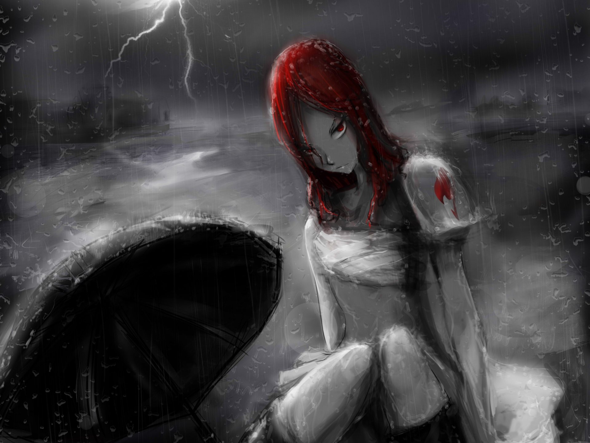 art anime bajka erza scarlet bajka o fairy tail dziewczyna deszcz parasol błyskawica