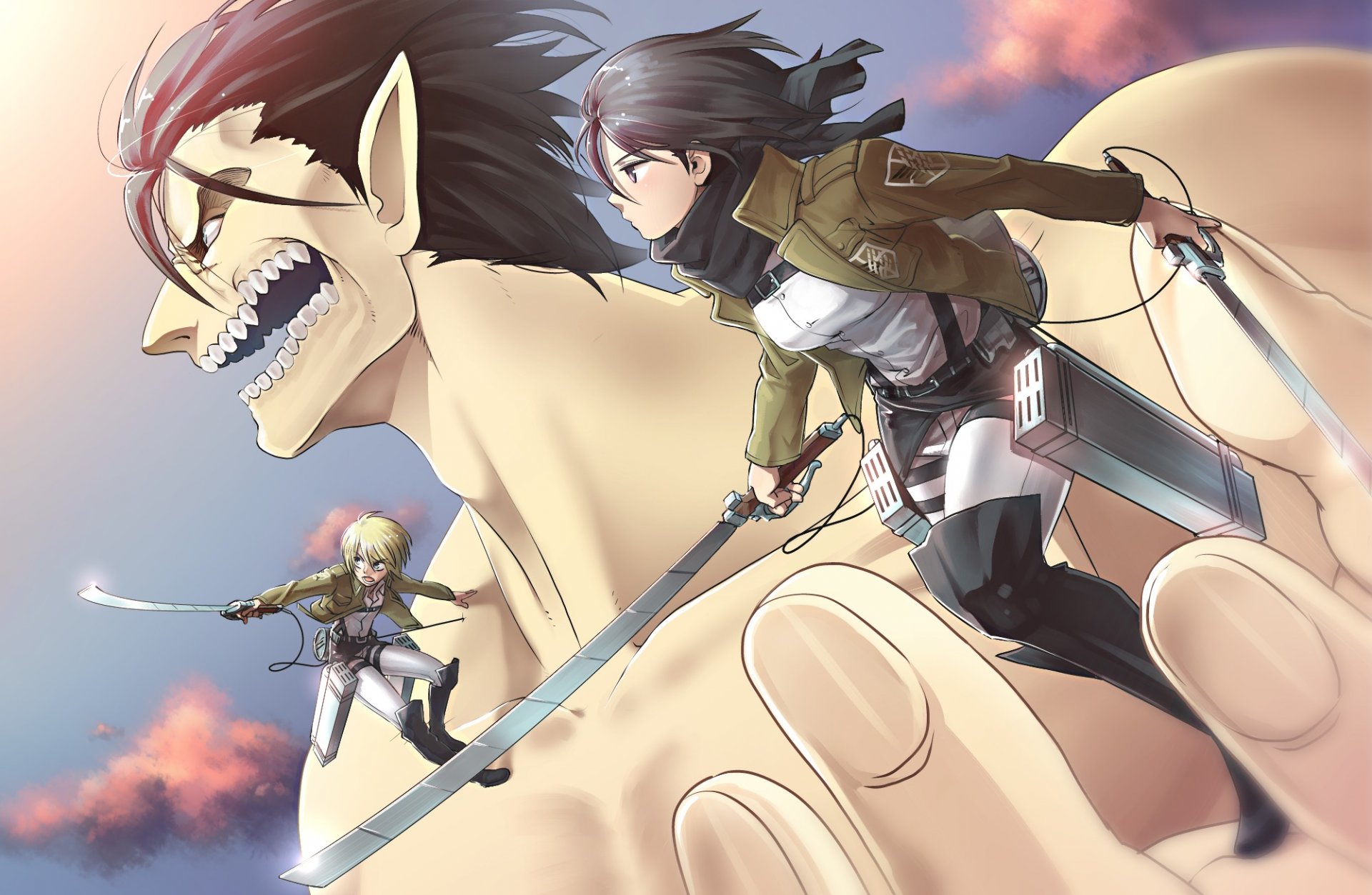 arte buriki neko anime no shingeki no kyojin mikasa ackerman eren jaeger armin arelet chico chica batalla espada arma gigante invasión de gigantes