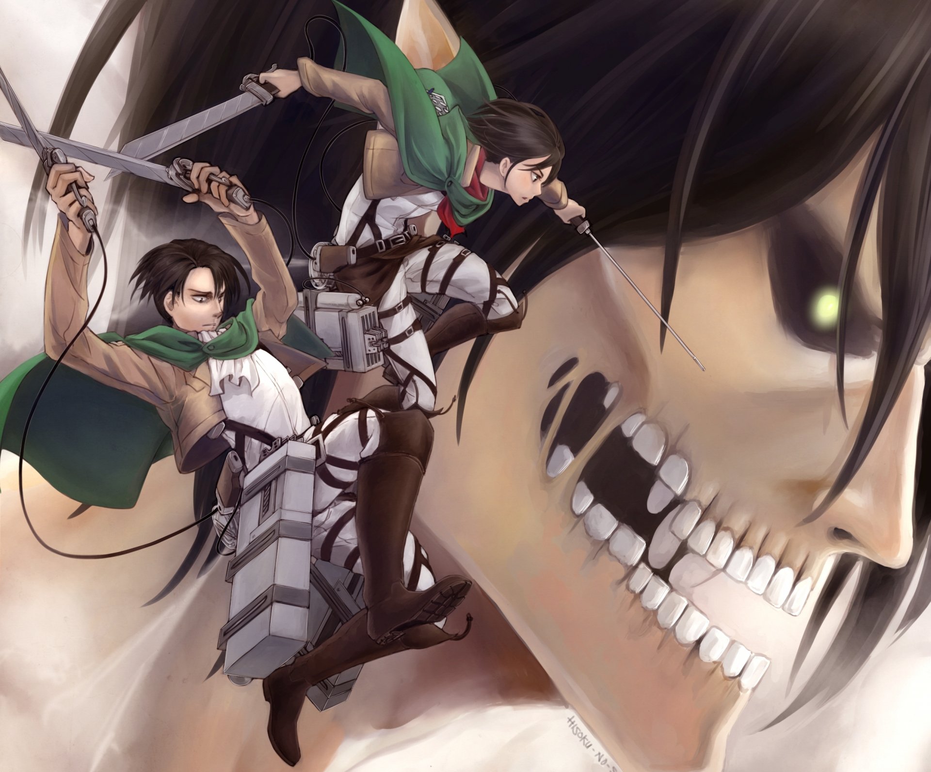 art sora-tsu anime shingeki no kyojin invasion of the giants mikasa ackerman levi rogue titan girl guy weapon titanium teeth