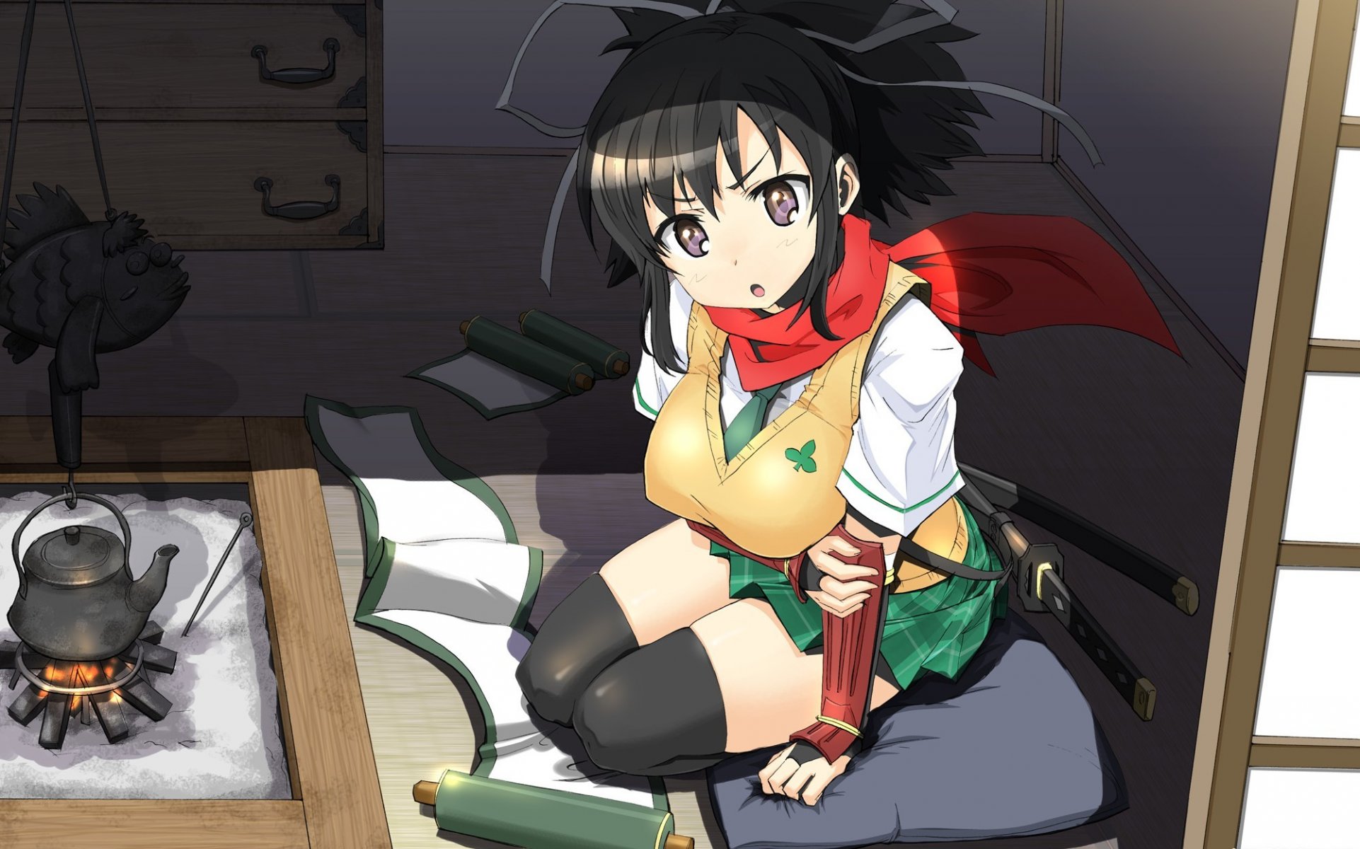 art kimura tatsuki senran kagura asuka dziewczyna dom miecz zwój czajnik ogień kształt