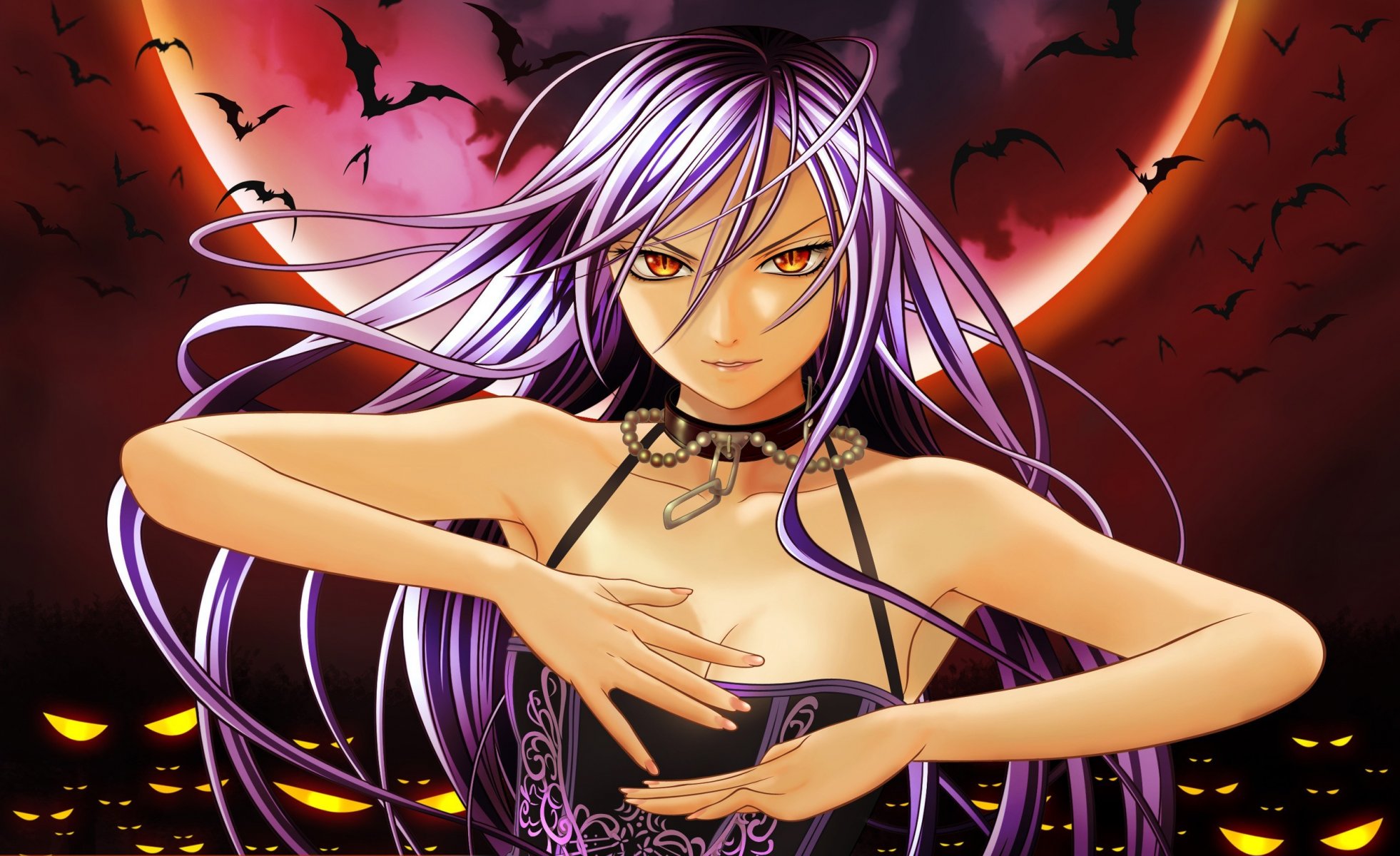 akashiya moka rosario + vampire fille lune chauves-souris yeux