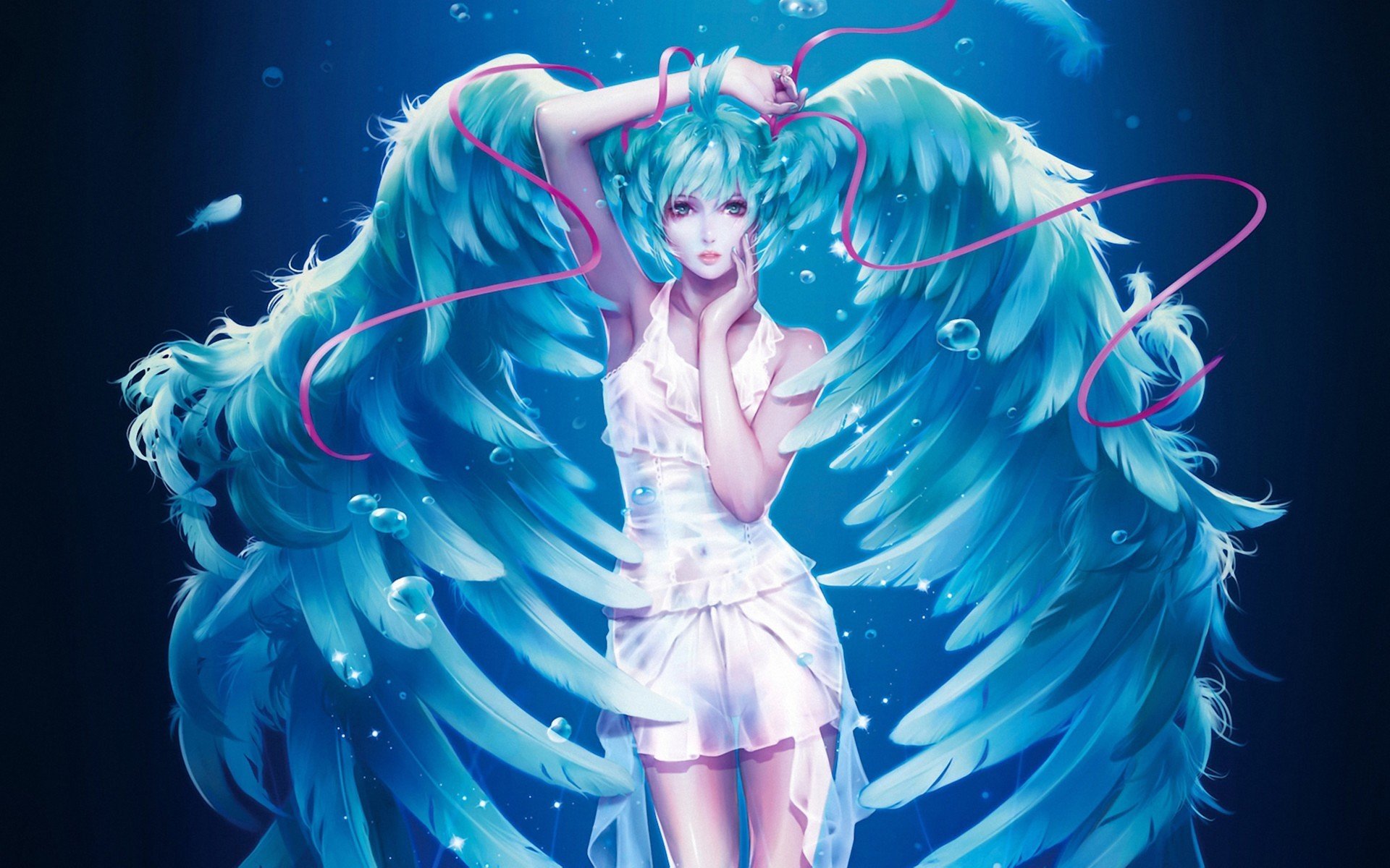 art sae revirth vocaloid vocaloid hatsune miku girl wings feathers ribbon