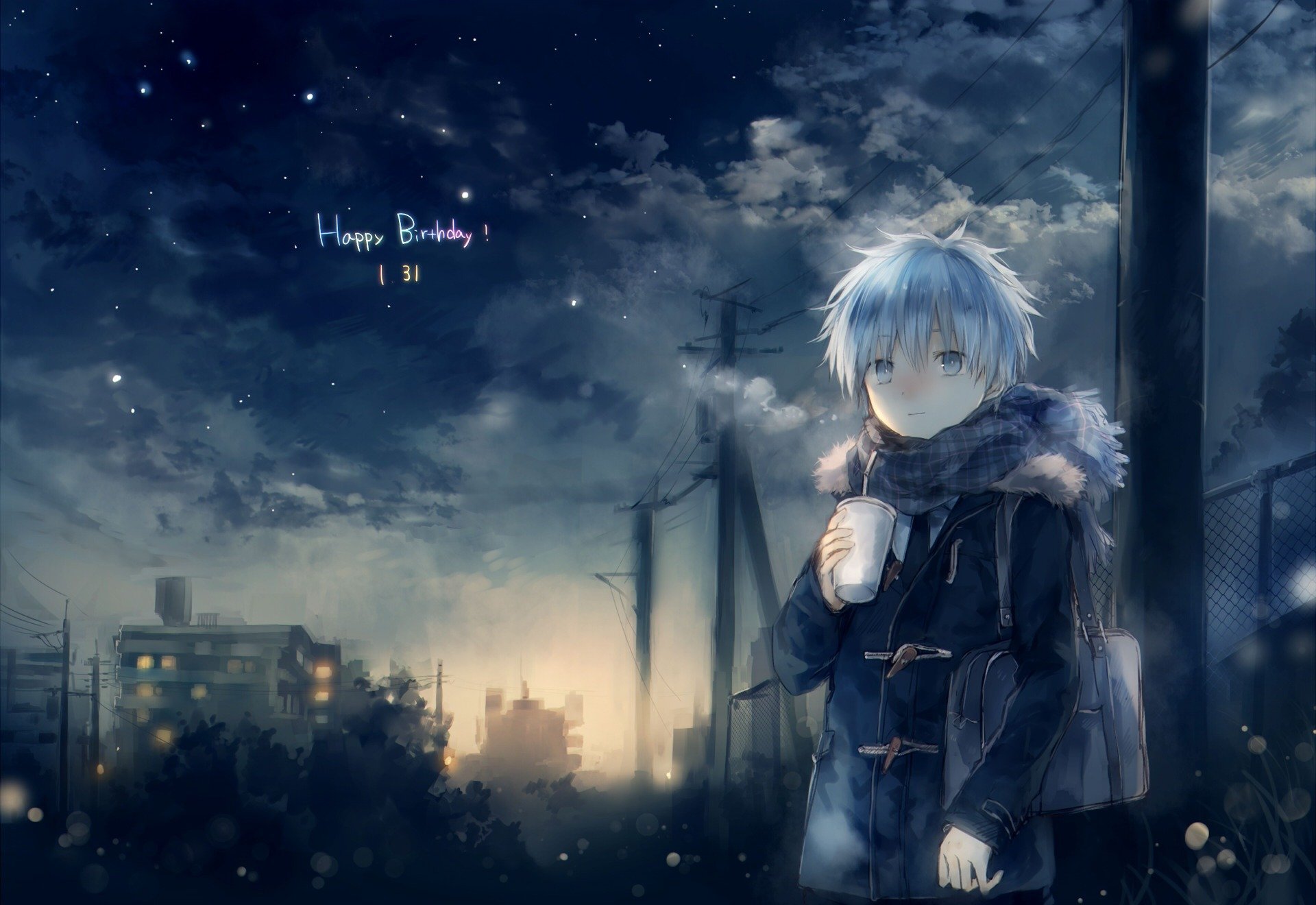 art onineko anime kuroko no basket basketball kuroko kuroko tetsuya guy cool scarf clouds sky night star