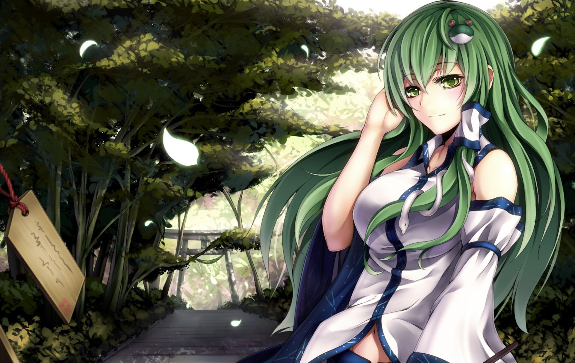 art izayoi-saki touhou kochiya sanae girl green hair wind track petals tablets snake tree gate