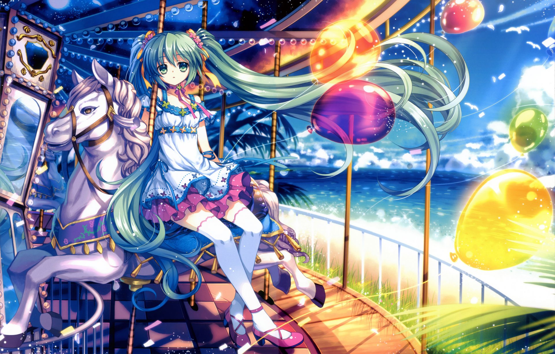 art capura lin vocaloid hatsune miku vocaloid girl attraction balloons sky clouds sun horse seagulls sea