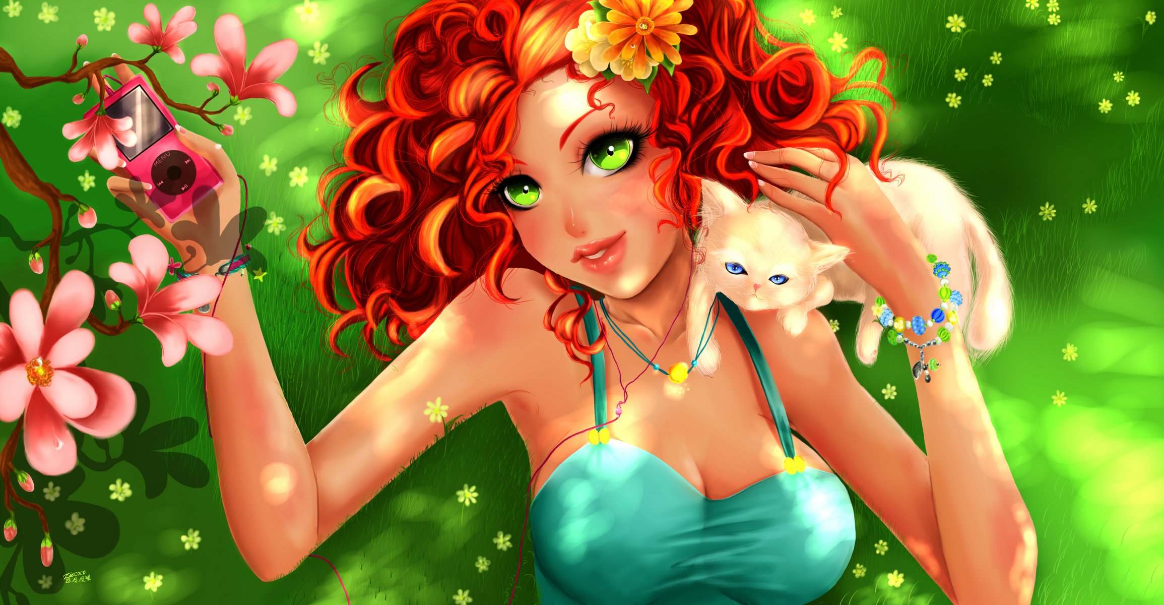 ziecoco anime art fille look yeux verts cheveux roux chat fleurs arbre été. player