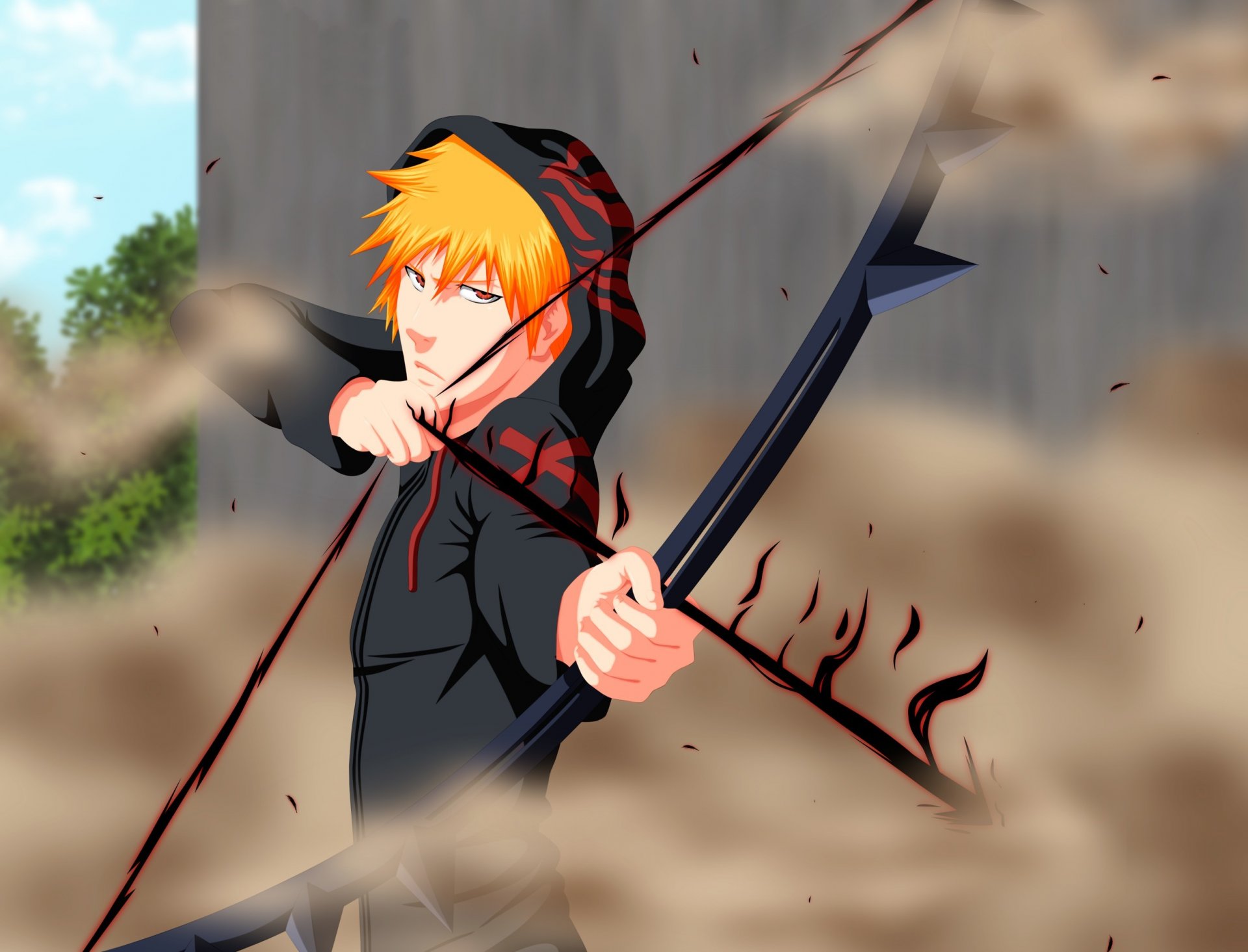 bleichmittel ichigo ichigo kurosaki quincy sinigami sinigami-ersatz tensa zangetsu bogen pfeil dunstabzugshaube orangefarbenes haar gelöst staub durchdrungen junge anime spiel hintergrundbilder