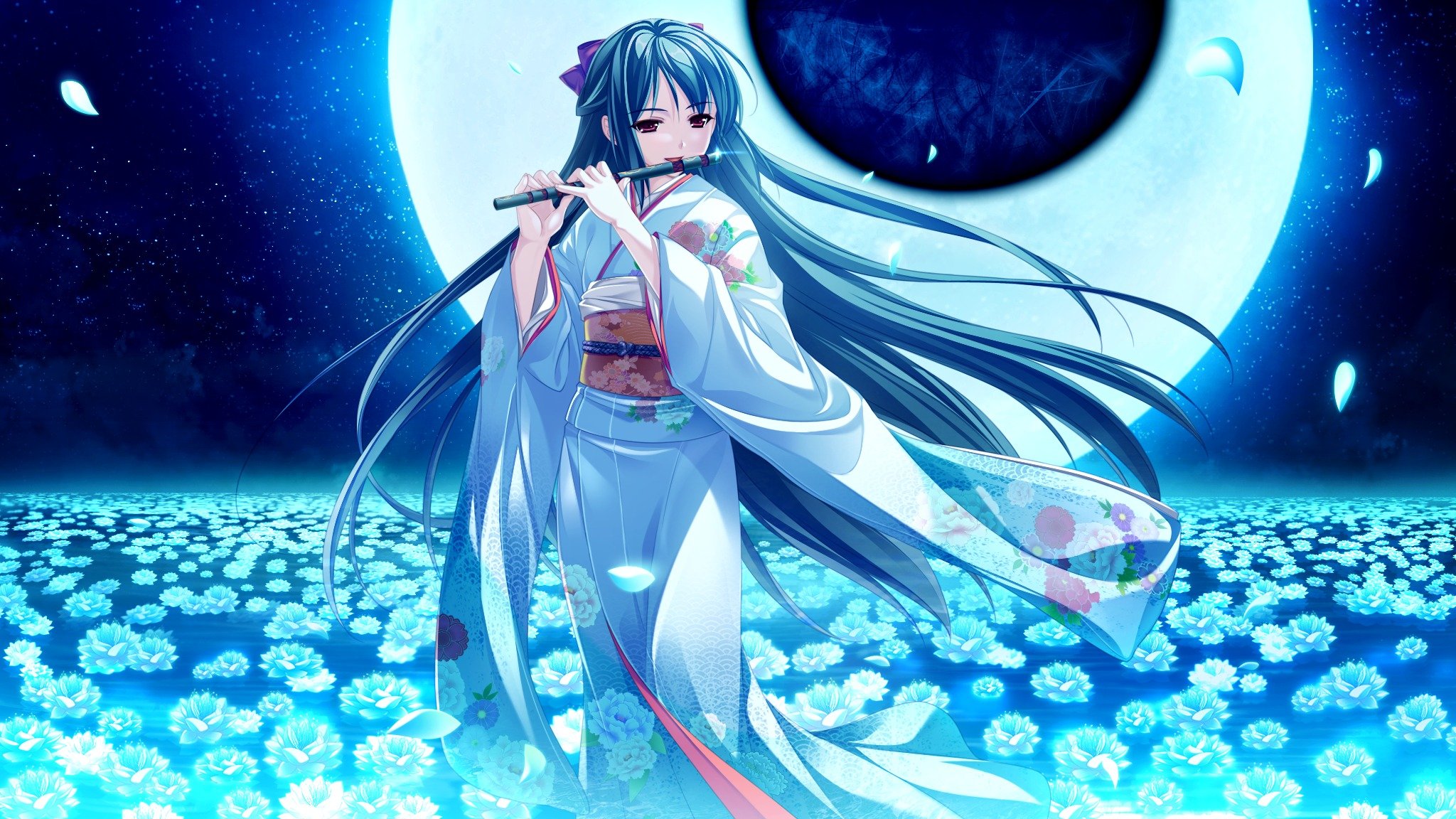 tsukumo no kanade chica kimono luna noche flores flauta instrumento musical