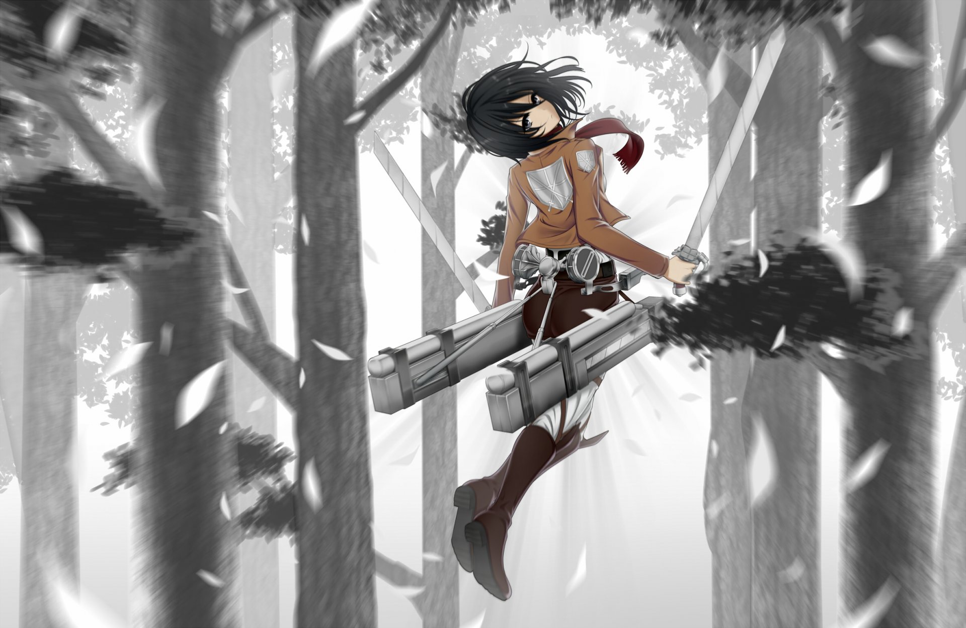 arte oshou anime no shingeki no kyojin invasión de gigantes mikasa ackerman chica árboles naturaleza espada arma