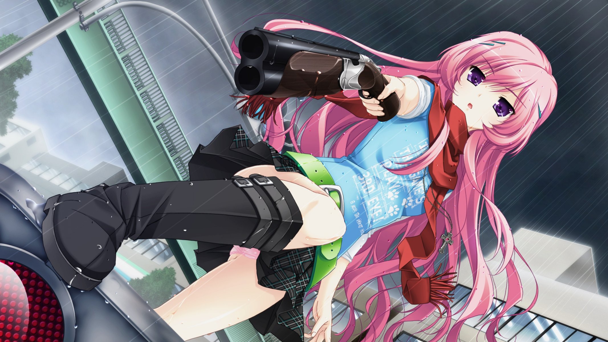 anime art shinigami no testament mukougaoka kana girl pink hair gun x rain light