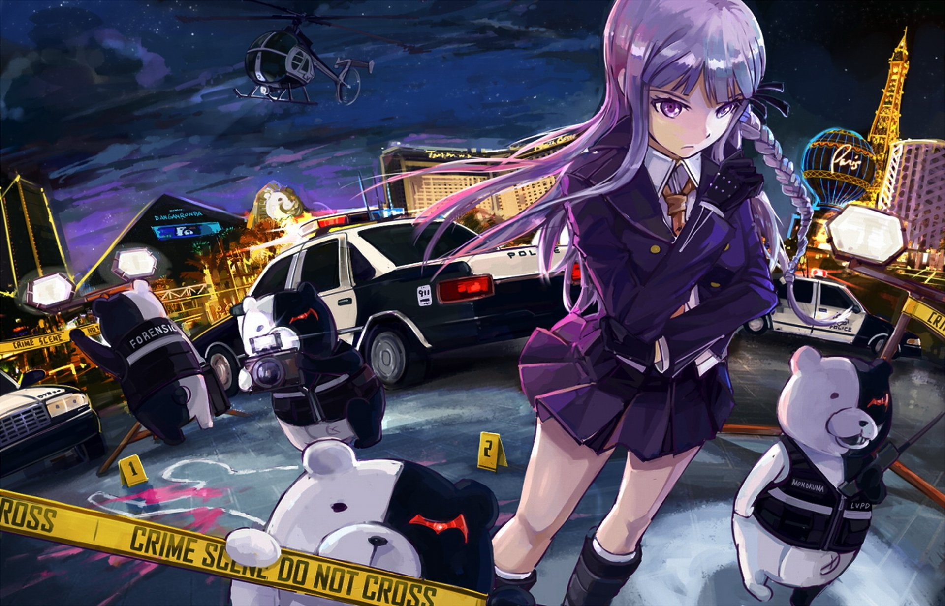 kunst sandro anime dangan-ronpa schule der verzweiflung mädchen kirigiri kyouko kirigiri chieko monokuma monomisch detektiv untersuchung verbrechen mord hinweise polizei nachtstadt vegas blut