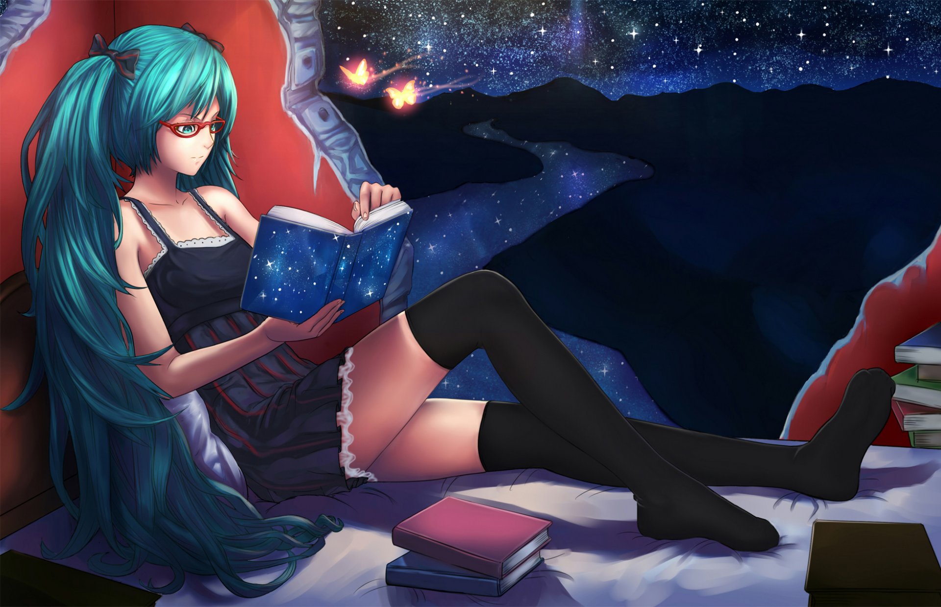 art iq2000lb hatsune miku vocaloid vocaloid dziewczyna siedzi knika kąt ściana łóżko fantasy noc motyle gwiazdy rzeka