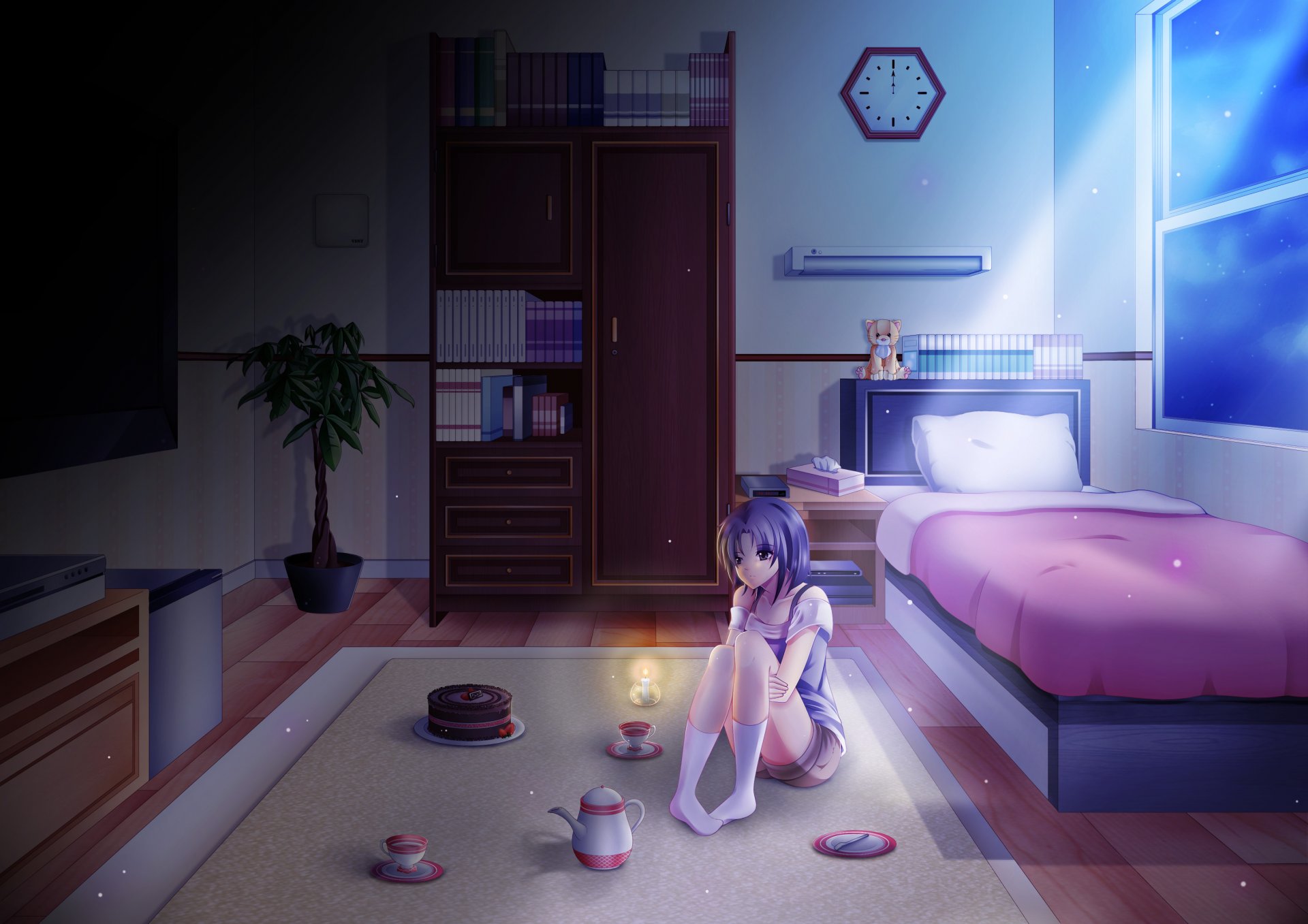 lonely night anime girl bed room night dark watches tea flower books shelf moon light cake day birth