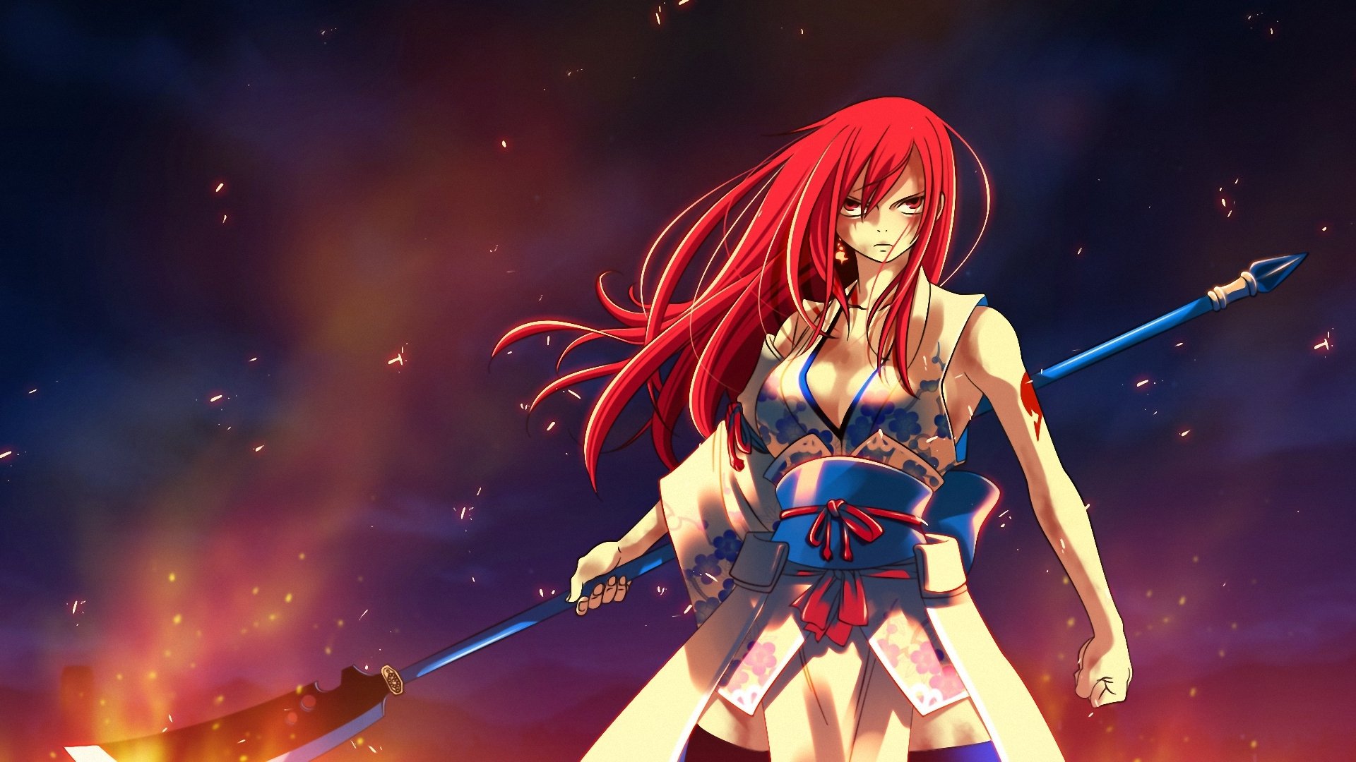 cuento de hadas fairy tail fairy tail tale erza scarlet elsa scarlet anime chica yukata tatuaje fuego llama vista lanza