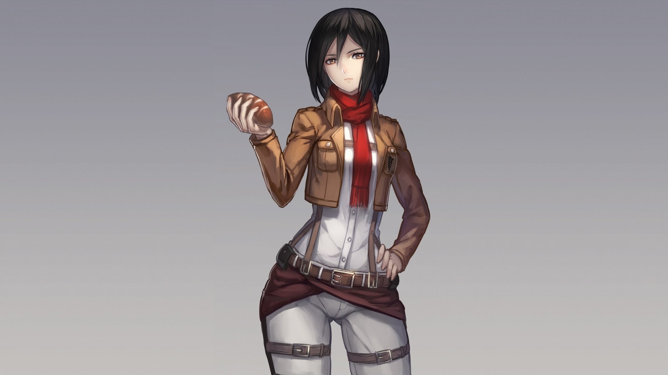 art ryuuzaki itsu girl mikasa ackerman view gesture bread shingeki no kyojin