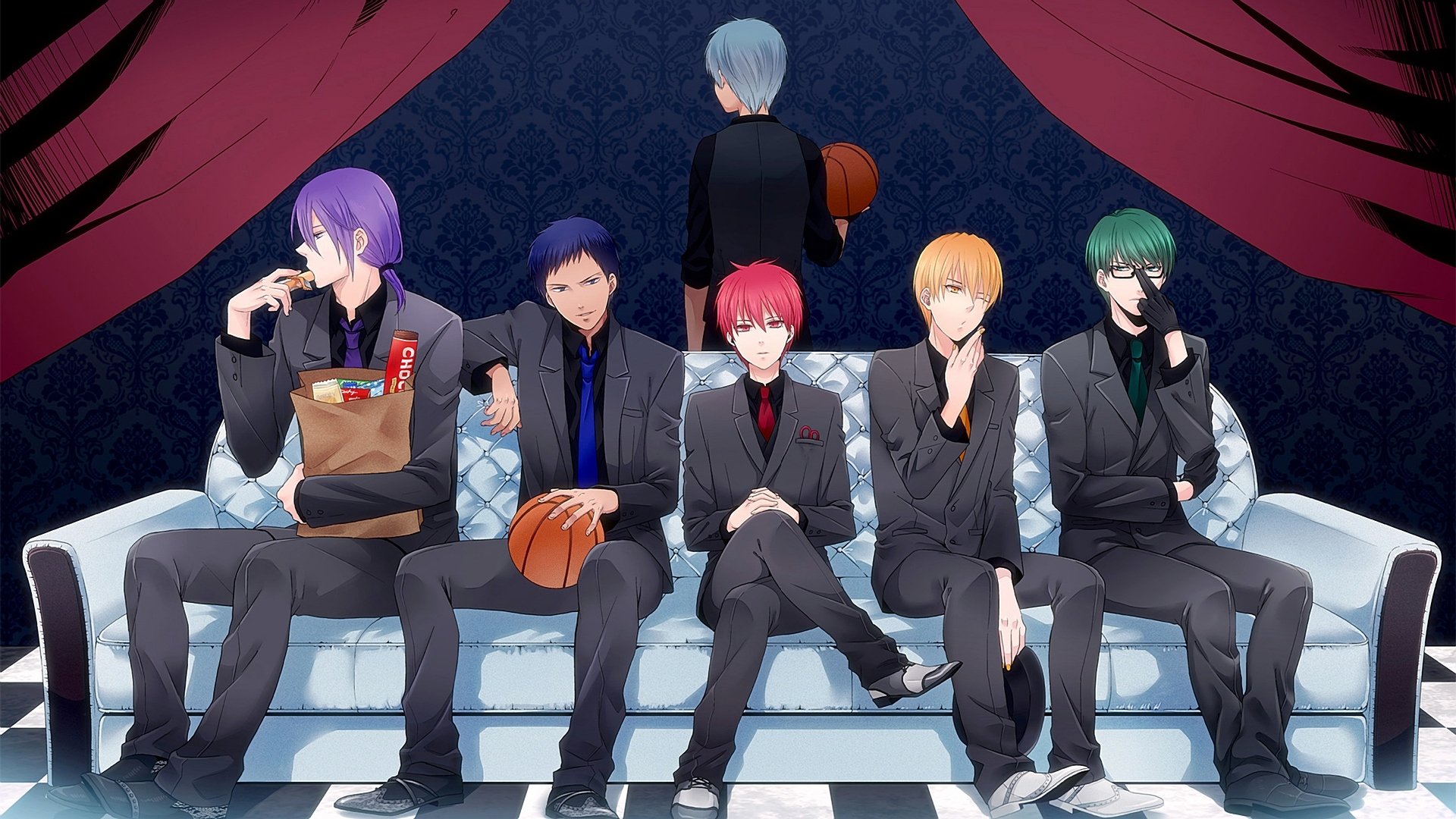 kuroko no cestas baloncesto kuroko akashi seijuurou aomine daiki kise ryouta kuroko tetsuya midorima shintarou murasakibara atsushi bola chicos anime sofá traje chaleco corbata