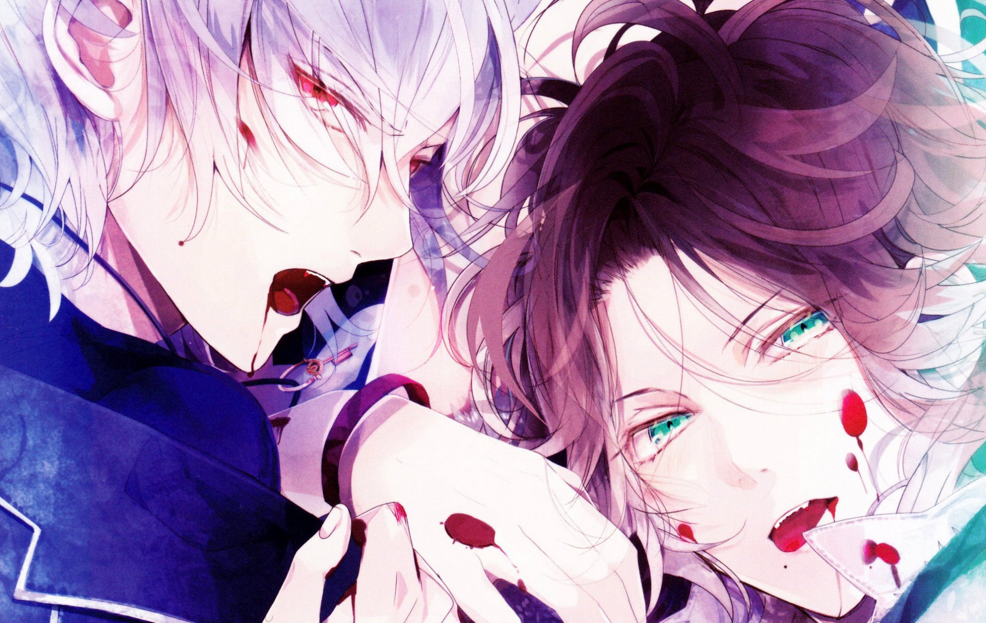 diabolik lovers sakama raito sakama subaru vampires blood fangs red eyes white hair green eyes key