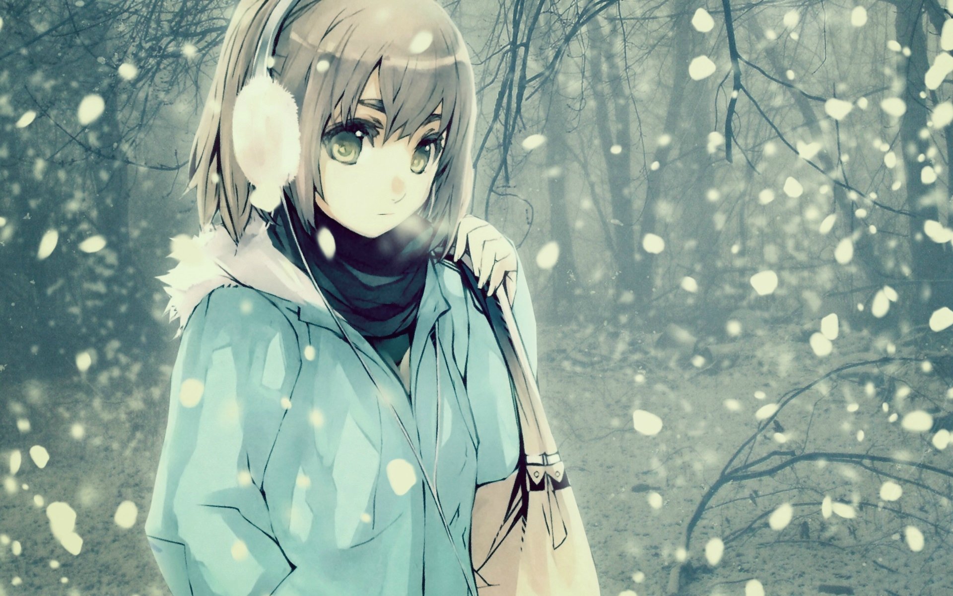 anime mädchen aussehen haar winter kälte schnee tasche