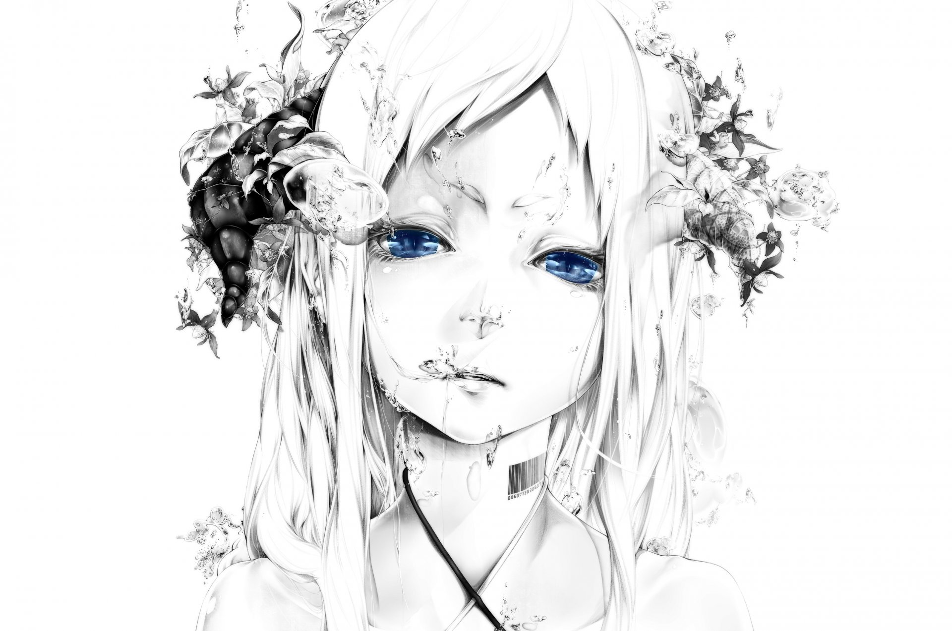 art bouno satoshi fille visage fond blanc dessin monochrome yeux bleus eau bulles code à barres