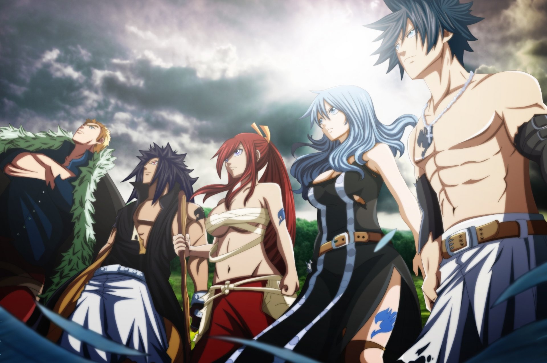 sztuka futuretabs bajka anime bajka o ogonie wróżki erza scarlet szary juvia loxar gajeel redfox laxus dreyar faceci dziewczyny bandaże chmury niebo