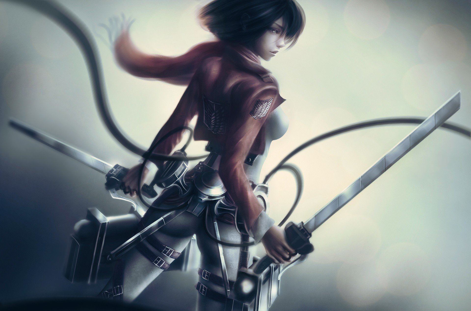 arte ataque en titán invasión de titanes no shingeki no kyojin mikasa ackerman espada cuchillas espalda correas alambre bufanda