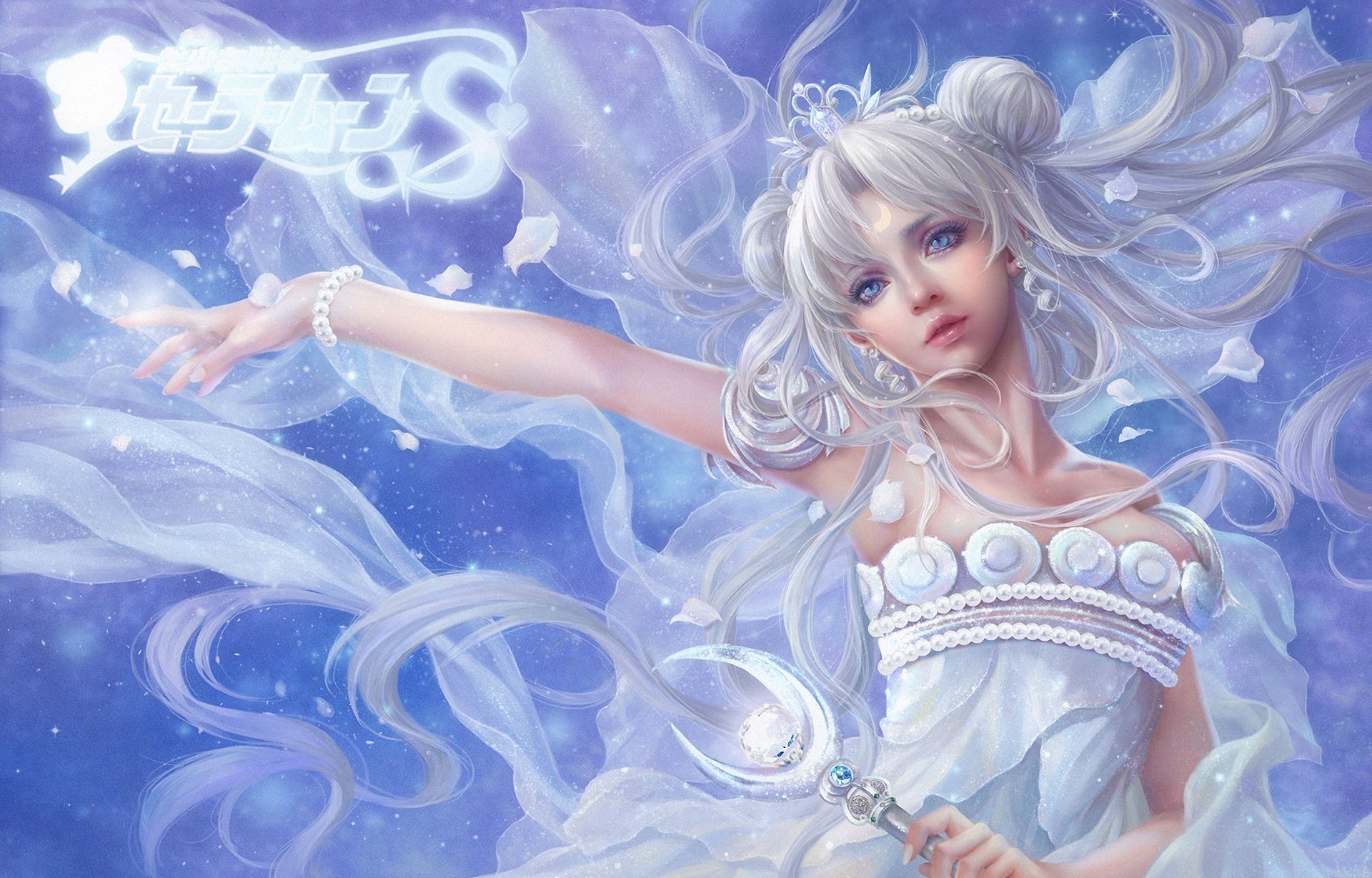 art sunmomo bishoujo senshi sailor moon tsukino usagi księżniczka spokój dziewczyna różdżka białe włosy epestki