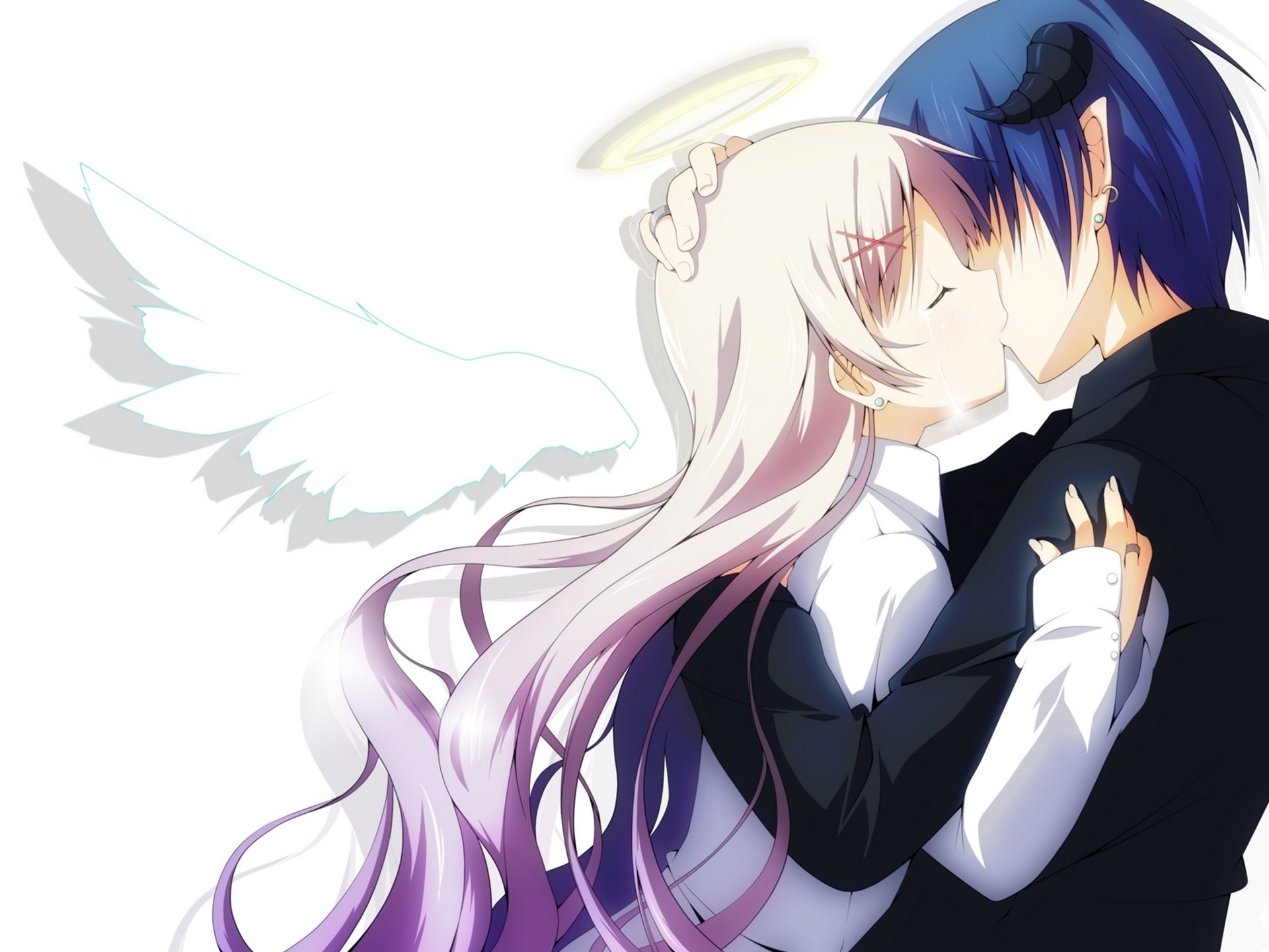 art yuzuki kei girl guy angel halo demon horn wings kiss tears two the pair anime