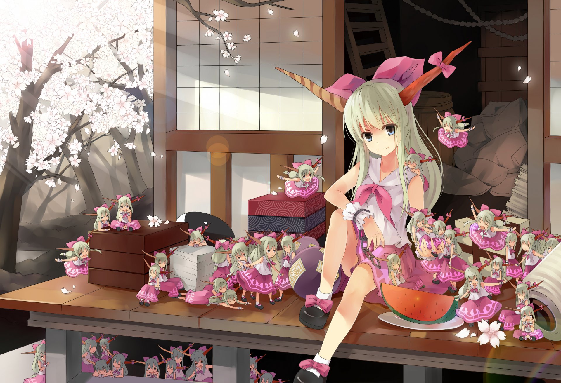 touhou ibuki suika demon horn girl sakura watermelon house