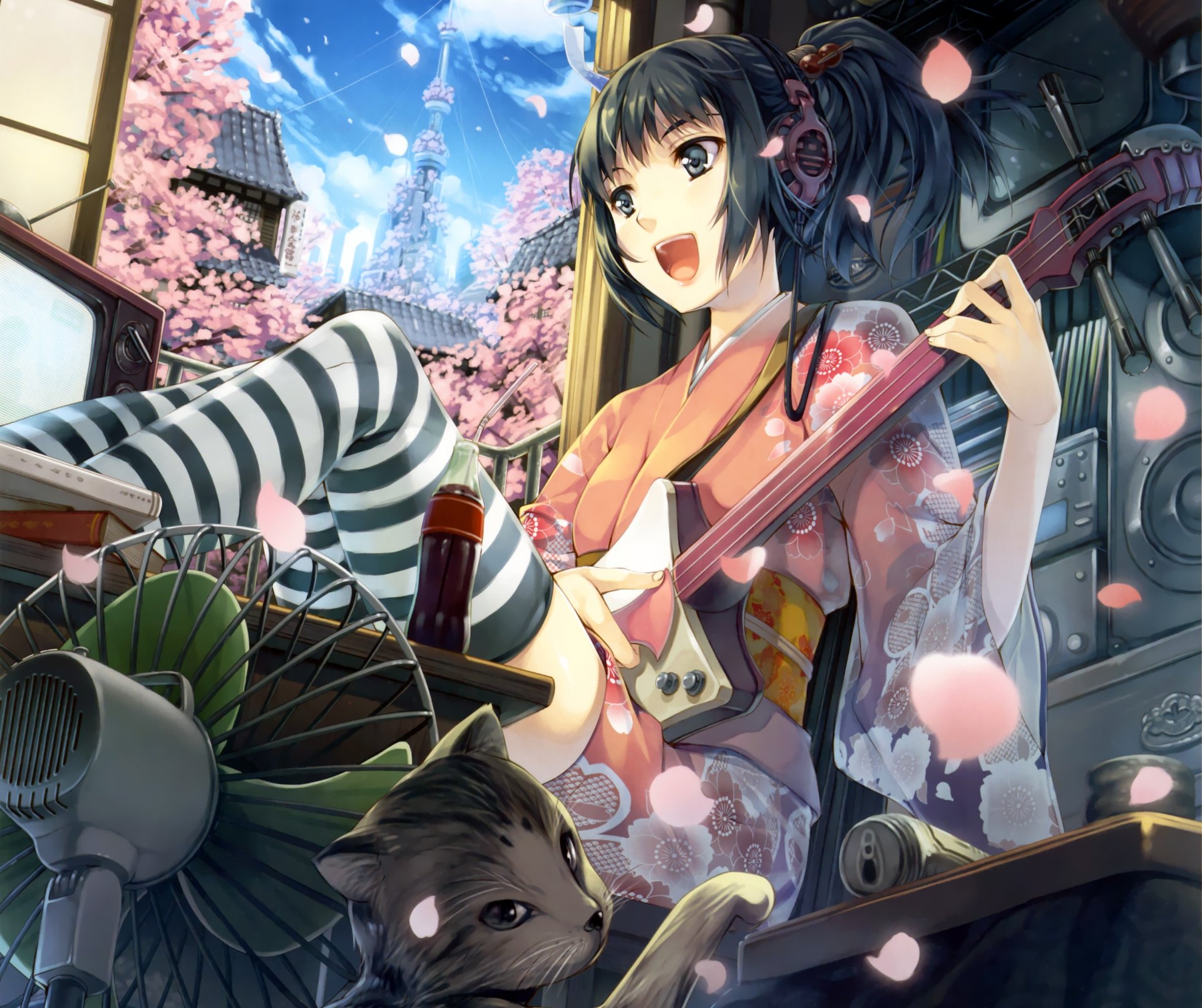 art keg girl guitars cat fan petals sakura house sky clouds tree tv a bottle headphones kimono anime of the bank