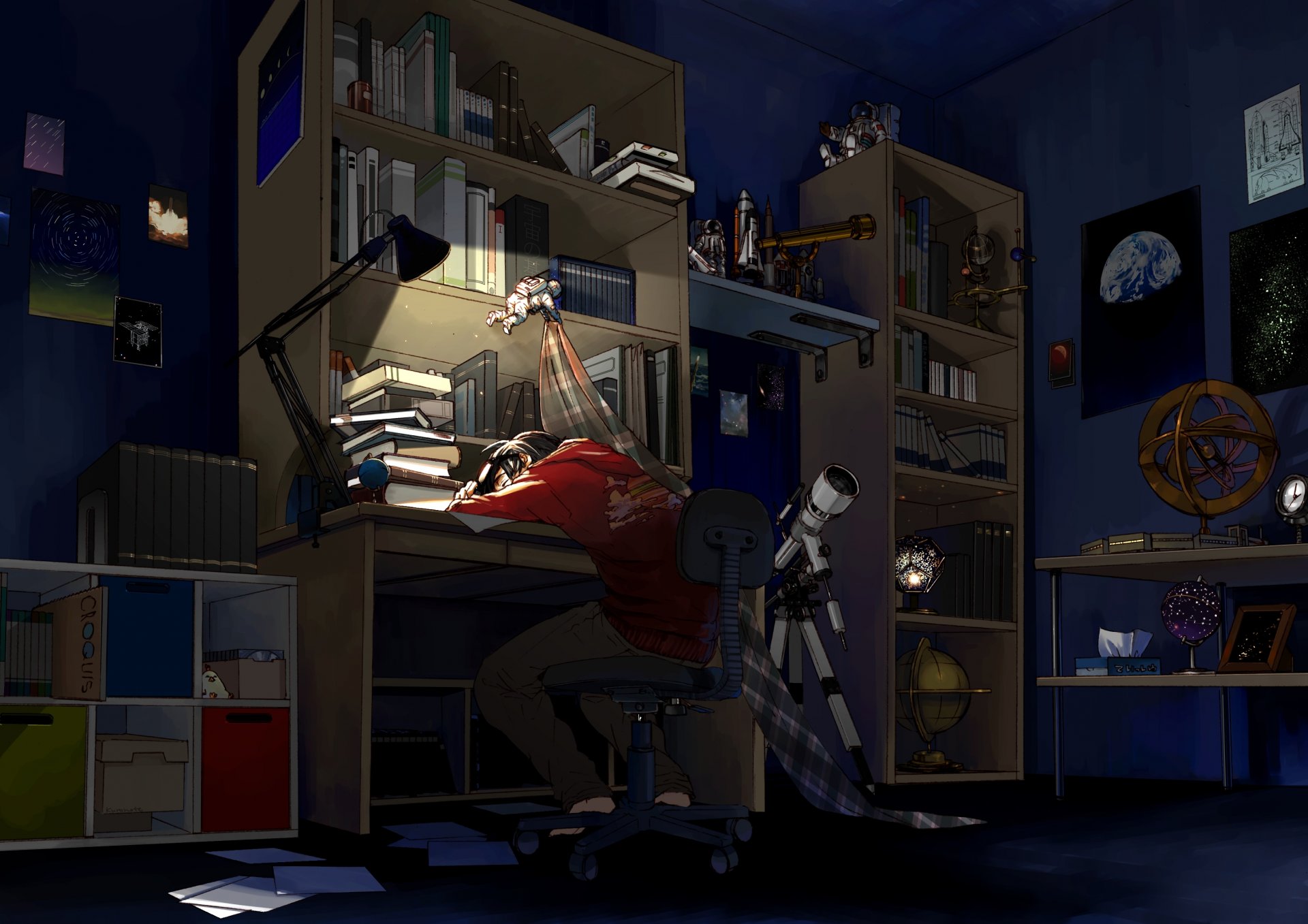 kunst anime kunst kerl schlafen nacht zimmer bücher teleskop durcheinander