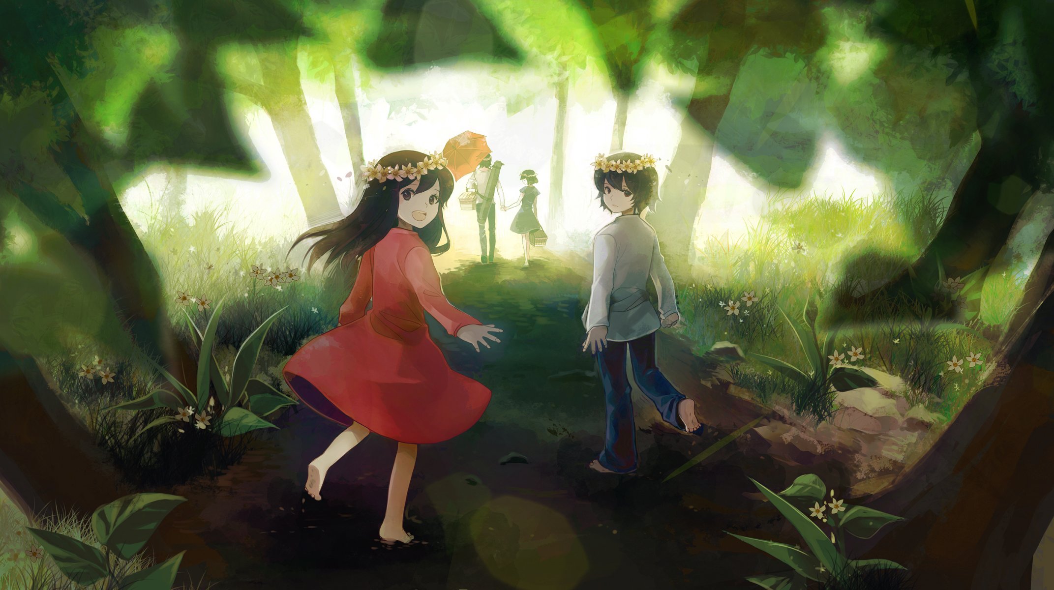 art chris wolf kids ame et yuki ookami kodomo pas ame à yuki ame hana ookami otoko yuki fille garçon couronnes anime enfants forêt nature arbres sourire fleurs route parapluie pique-nique famille