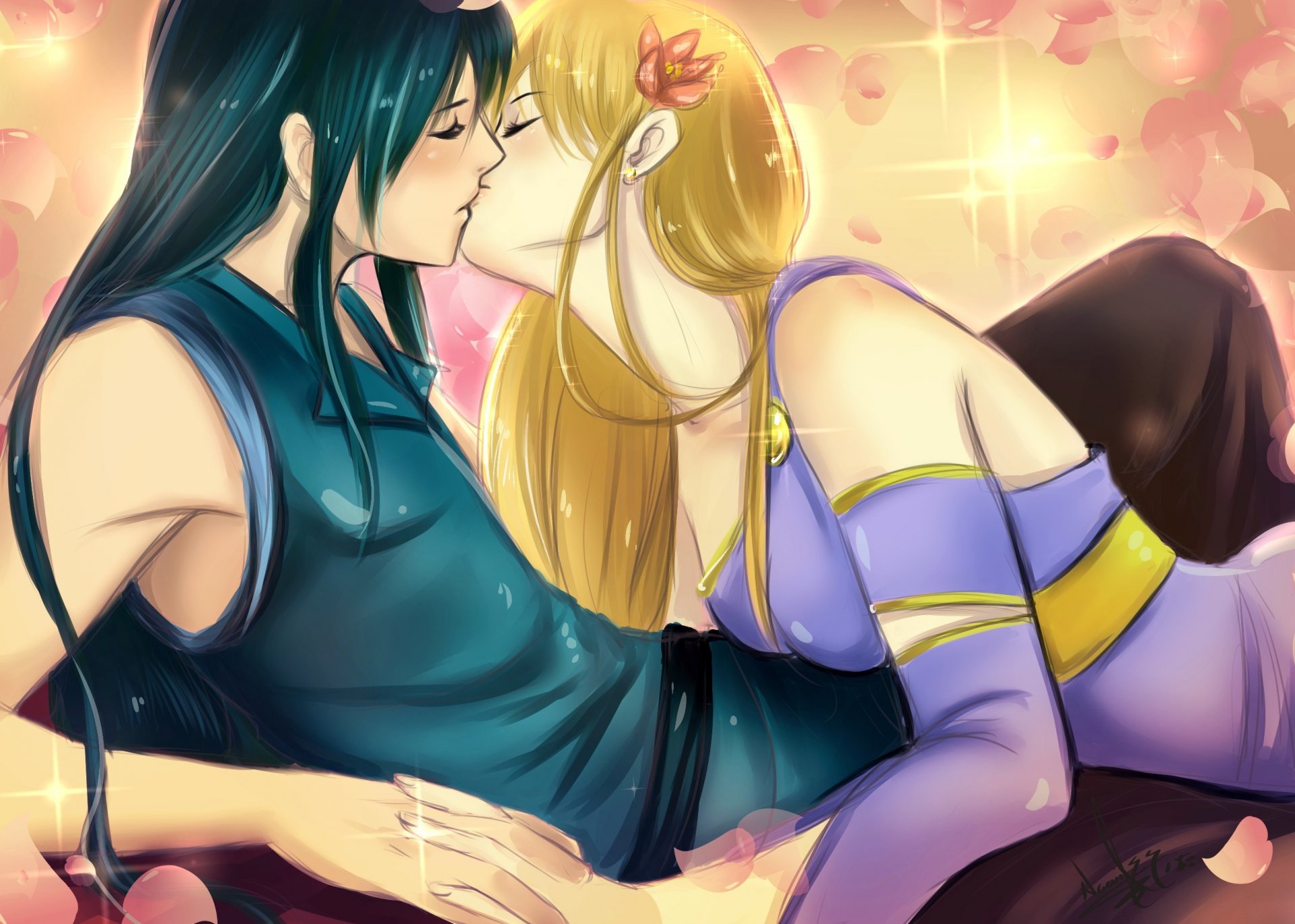 art tielss girl guy kiss the pair anime petals flower