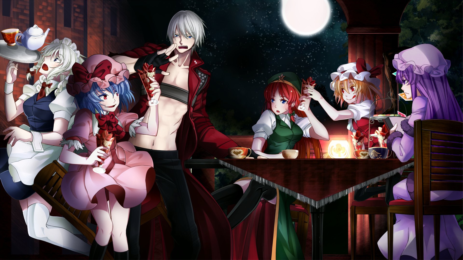 devil may cry dante touhou flandes escarlata hong meilin izaei sakuya pachuli conocimiento remilia escarlata chico chicas vacaciones mesa noche té bebidas luna humor broma indignación emociones habitación vela cóctel propuesta